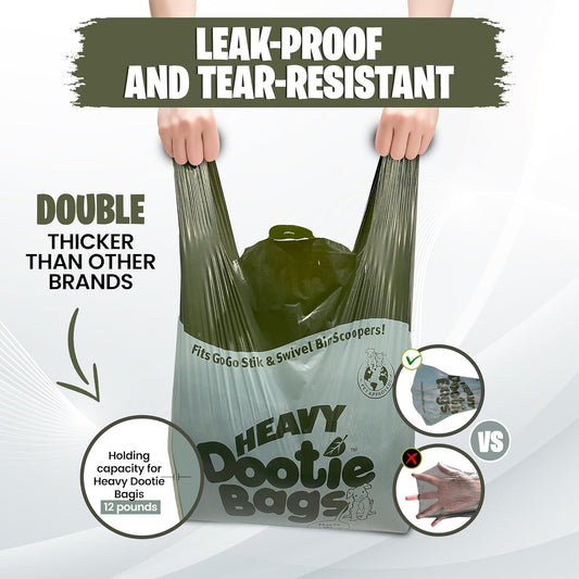 HEAVY Dootie Bags with EZ Tie Handles. Clean and Convenient for Pet Dog Poop, Cat Litter. Multi-Use. Great for Swivel Bin and Scoopers. Made with Cornstarch. Strong, Leakproof and Very Large