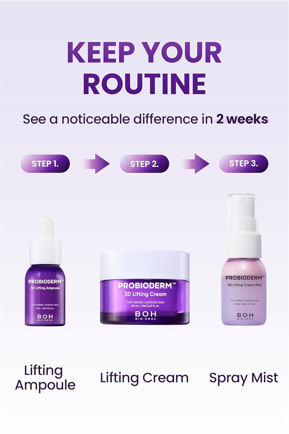 Probioderm 3D Lifting Travel Size Skin Care Kit | Korean Skincare Set for Firming & Hydration, with Ampoule, Face Moisturizer & Serum Spray | Mini Travel Essentials & Gift Set for Women