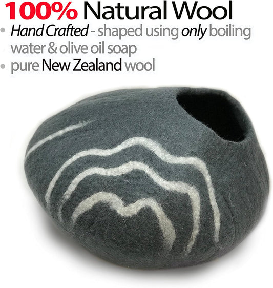 100% Natural Wool Eco-Friendly Cat & Kitten Cave Bed - Cozy House Indoor Bed for Cats & Kittens - Pet Felt Cat Cave, Cushion, Cove, Nest, Hideout, Hideaway, Tent, Tunnel Beds (Dark Gray)