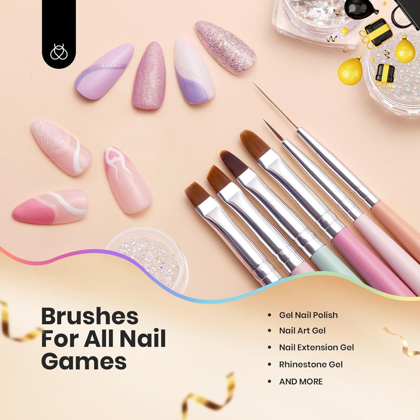 Beetles Gel Polish Nail Art Brushes, 6 Pcs Fingernail Art Design Pens, Wood Alloy Handle, Dotting Pen Clean up Liner French Nail Brush Set, DIY Manicure Tools Gift for Women