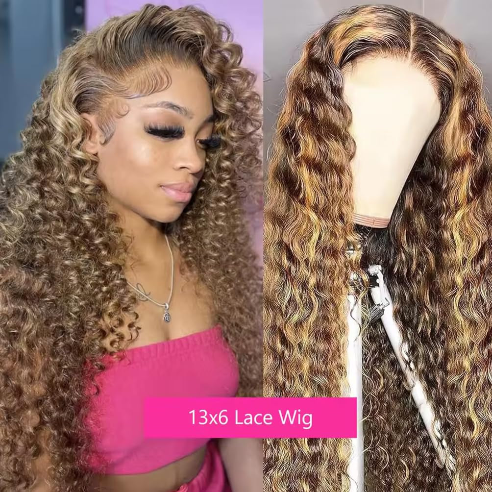 Highlight Honey Blonde Deep Wave Lace Front Wig 13×6 Ombre P4/27 Highlight Colored Lace Front Wigs Human Hair Pre Plucked Bleached Knots 200% Density (13X6 Honey Deep, 20 Inch)