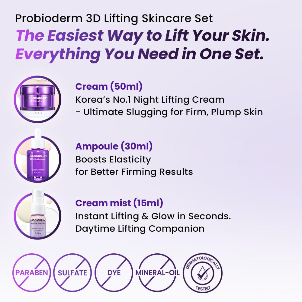 [Cardi B'S Pick] Probioderm 3D Lifting Skincare Set | Korean Night Cream, Serum & Hydrating Face Mist for Lifting & Firming | Perfect Anti-Aging Routine for Dry, Dull, Saggy Skin