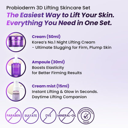 [Cardi B'S Pick] Probioderm 3D Lifting Skincare Set | Korean Night Cream, Serum & Hydrating Face Mist for Lifting & Firming | Perfect Anti-Aging Routine for Dry, Dull, Saggy Skin