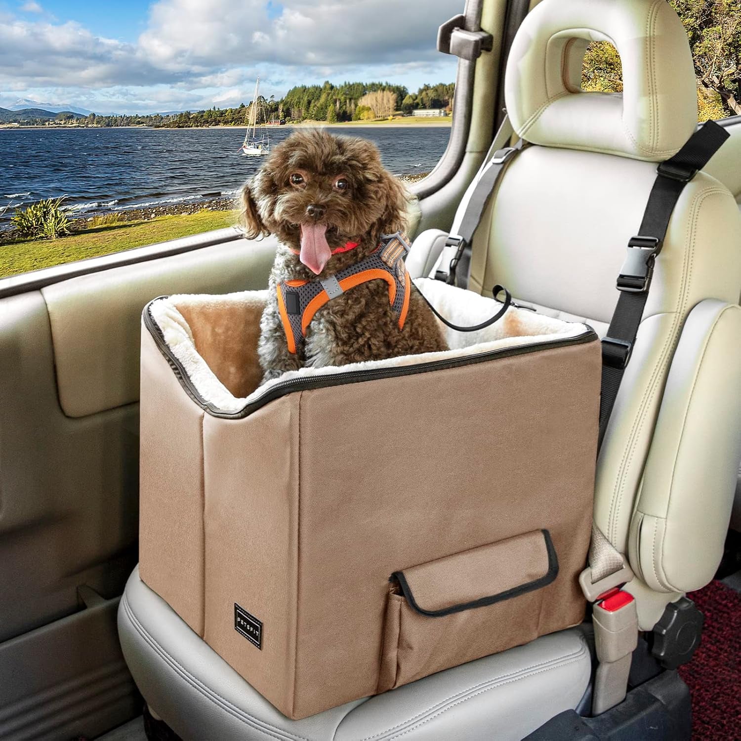Dog Booster Seat, Washable Pet Car Booster Bucket Seat with Portable Carrying Case for Puppy, Cats, Small Dogs (Small, Tan)