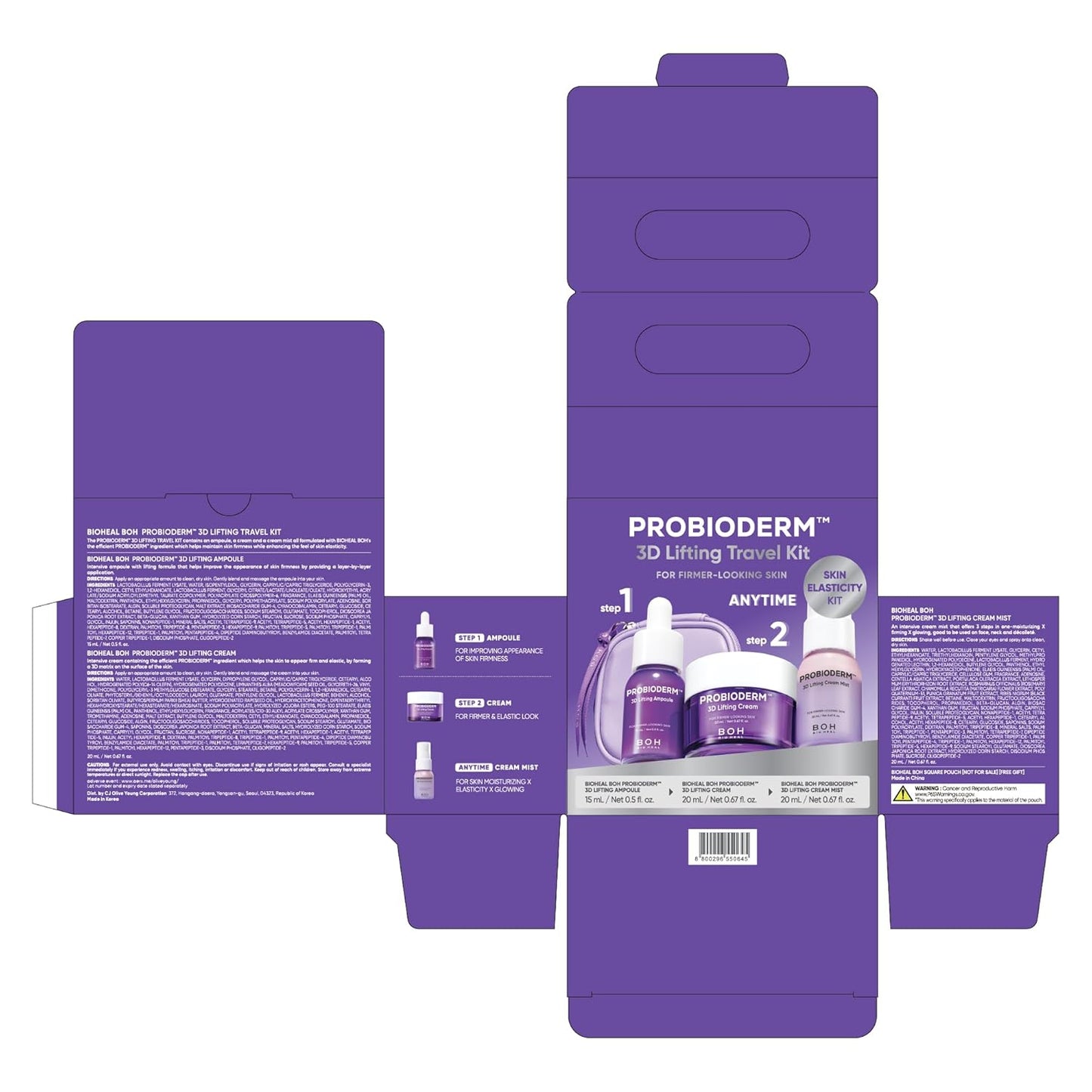 Probioderm 3D Lifting Travel Size Skin Care Kit | Korean Skincare Set for Firming & Hydration, with Ampoule, Face Moisturizer & Serum Spray | Mini Travel Essentials & Gift Set for Women