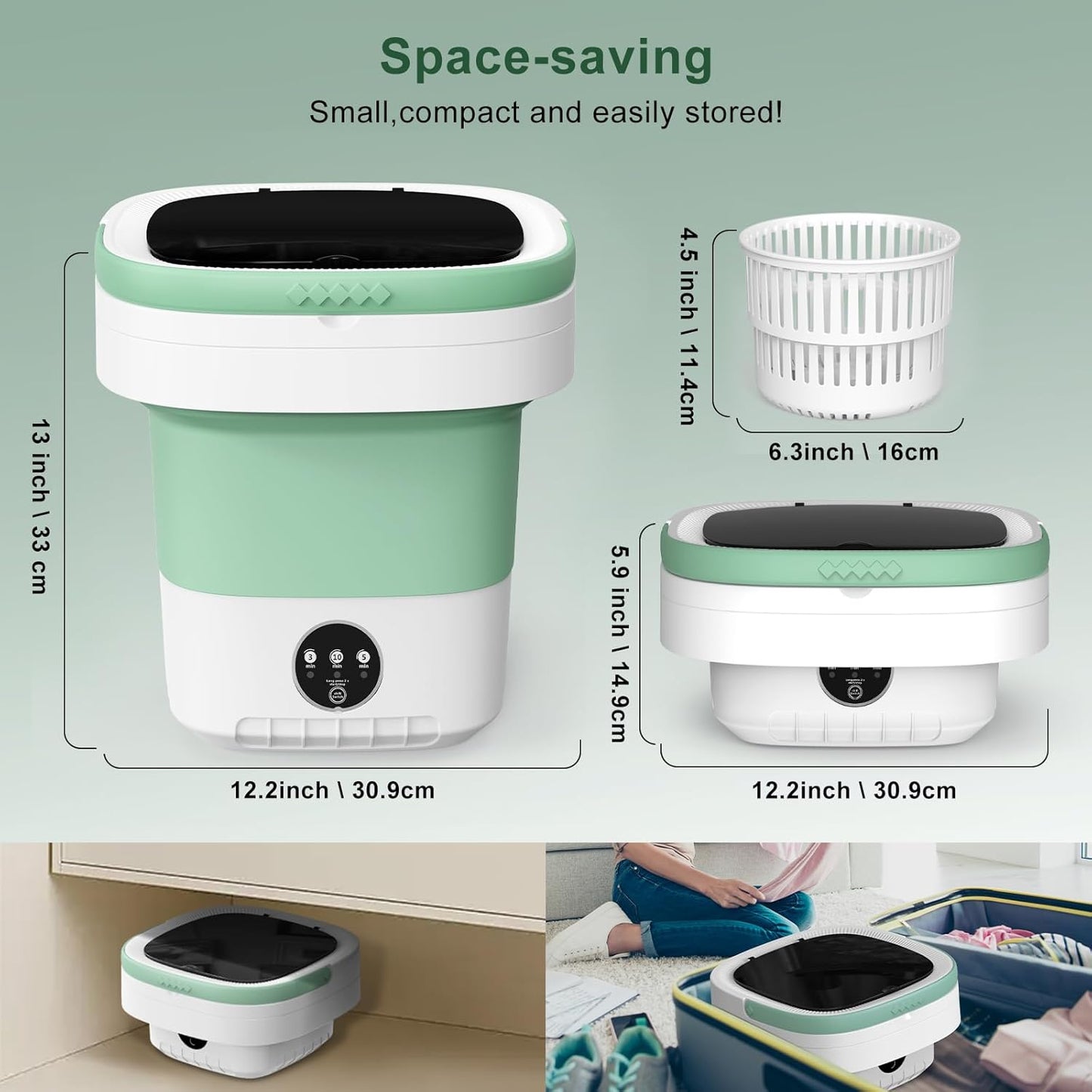 Portable Washing Machine, 12L Upgraded Mini Washing Machine with Spin Basket, Foldable Washer Cleaning for Underwear, Baby Clothes Socks and Small Items, Small Washer for Apartments, Dorm,Rv (Green)