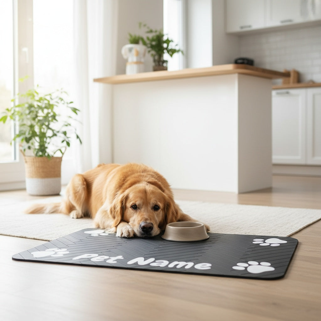 Personalized Custom Anti-Slip Paw Print Dog & Cat Feeding Pads – Quick-Drying, Water-Absorbing, Waterproof, Stain-Resistant Pet Bowl Mats with Bone-Shaped Spacers for Easy Cleaning – Durable Brown & White Designs