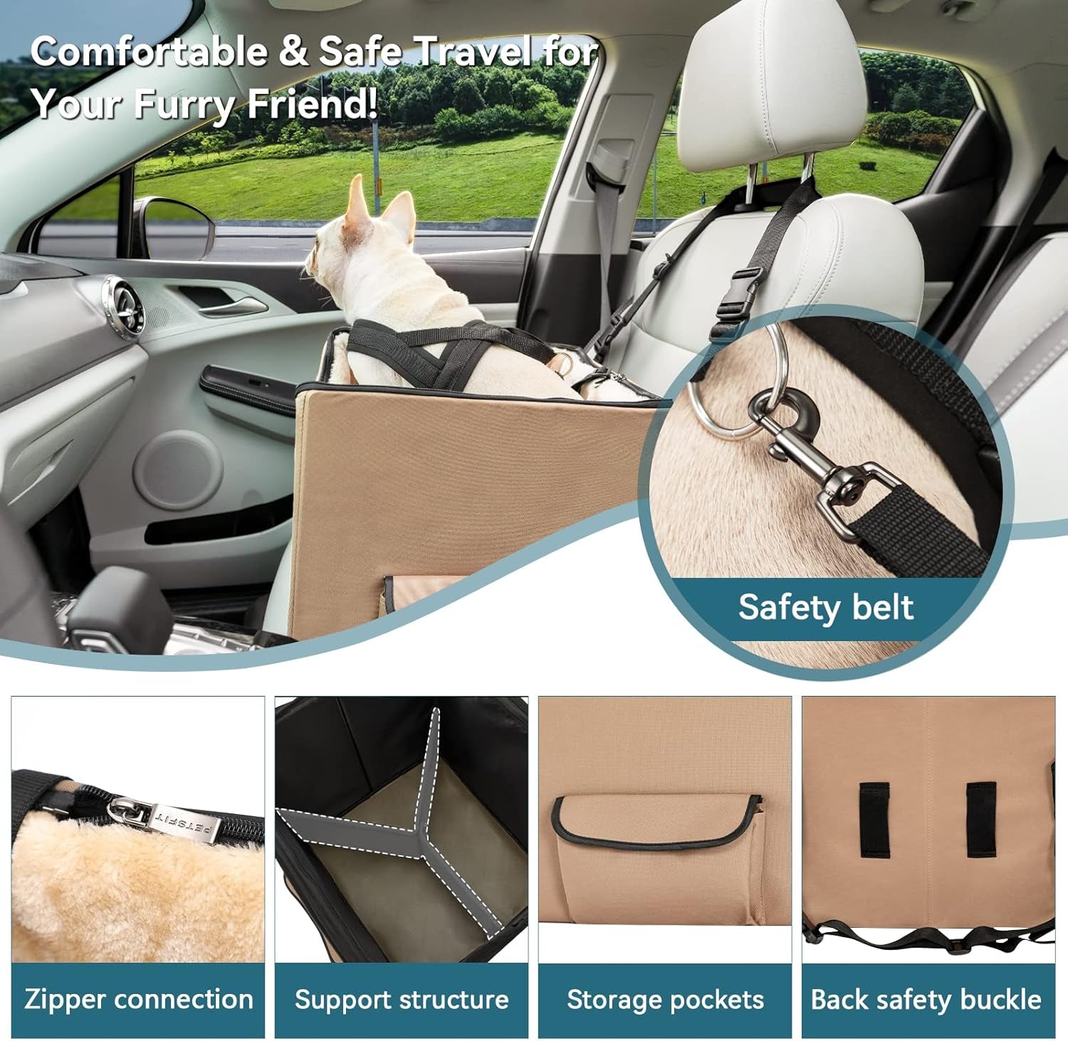 Dog Booster Seat, Washable Pet Car Booster Bucket Seat with Portable Carrying Case for Puppy, Cats, Small Dogs (Small, Tan)