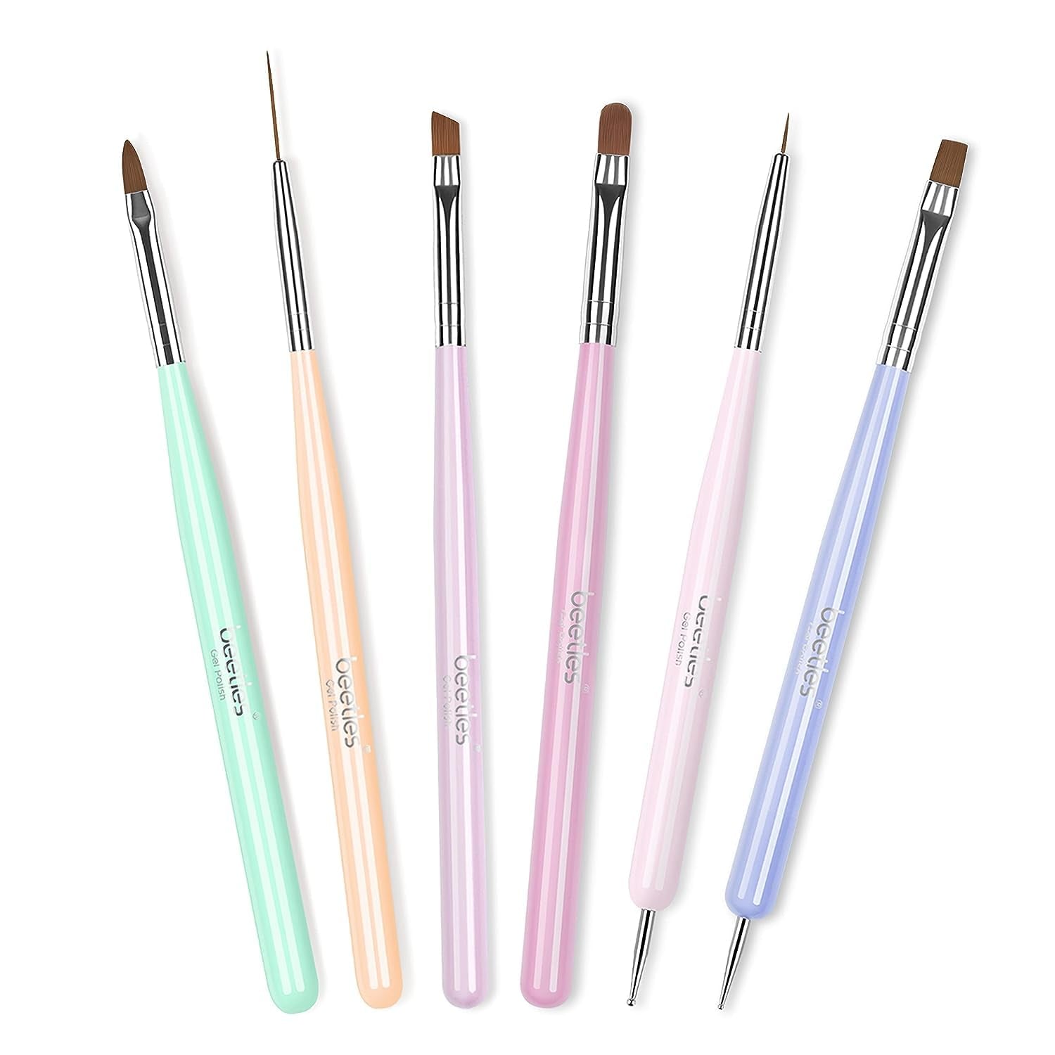 Beetles Gel Polish Nail Art Brushes, 6 Pcs Fingernail Art Design Pens, Wood Alloy Handle, Dotting Pen Clean up Liner French Nail Brush Set, DIY Manicure Tools Gift for Women
