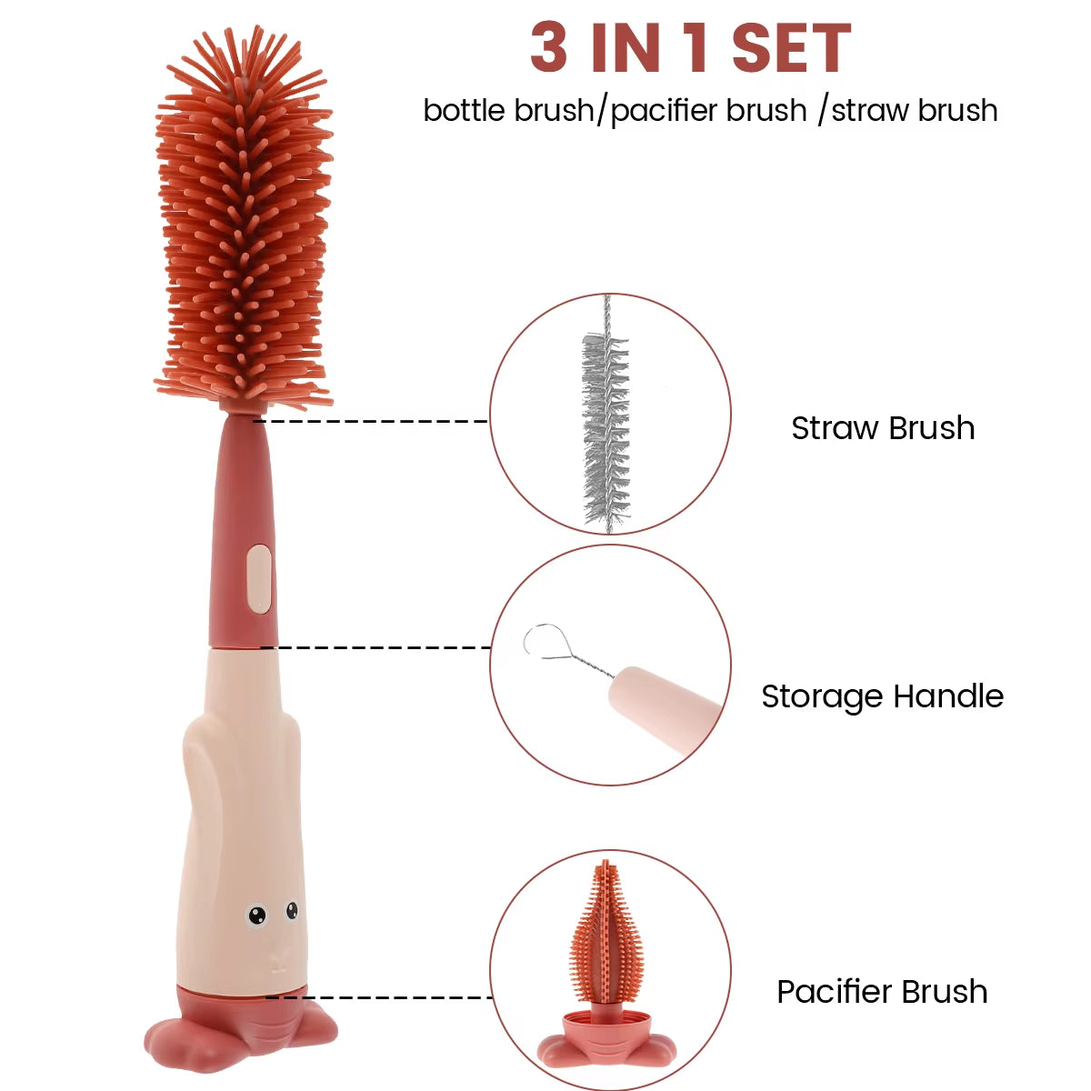3Pcs Baby Bottle Brush Set 3 in 1 Silicone Baby Bottle Cleaner Pacifier Brush with Stand Portable Straw Glass Cup Cleaner Brush