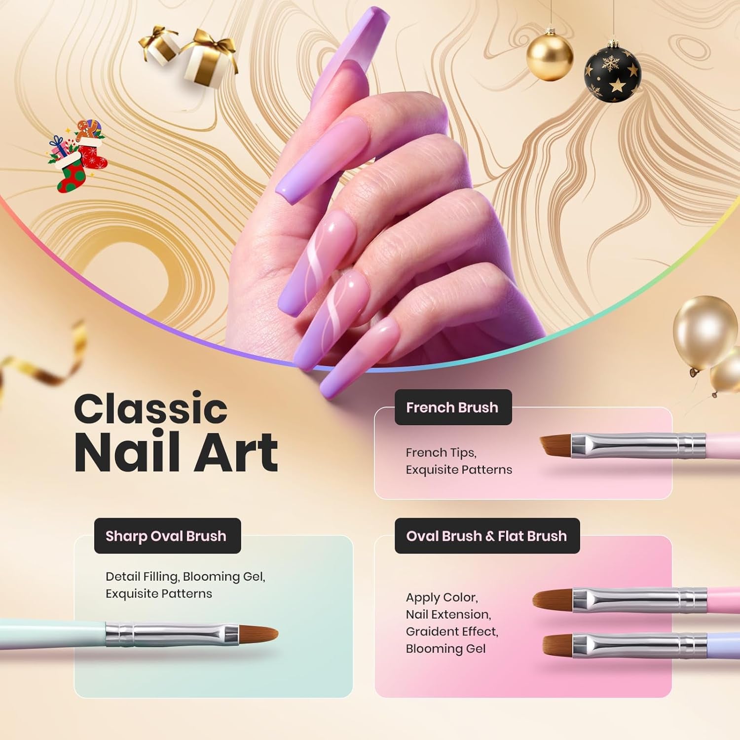 Beetles Gel Polish Nail Art Brushes, 6 Pcs Fingernail Art Design Pens, Wood Alloy Handle, Dotting Pen Clean up Liner French Nail Brush Set, DIY Manicure Tools Gift for Women