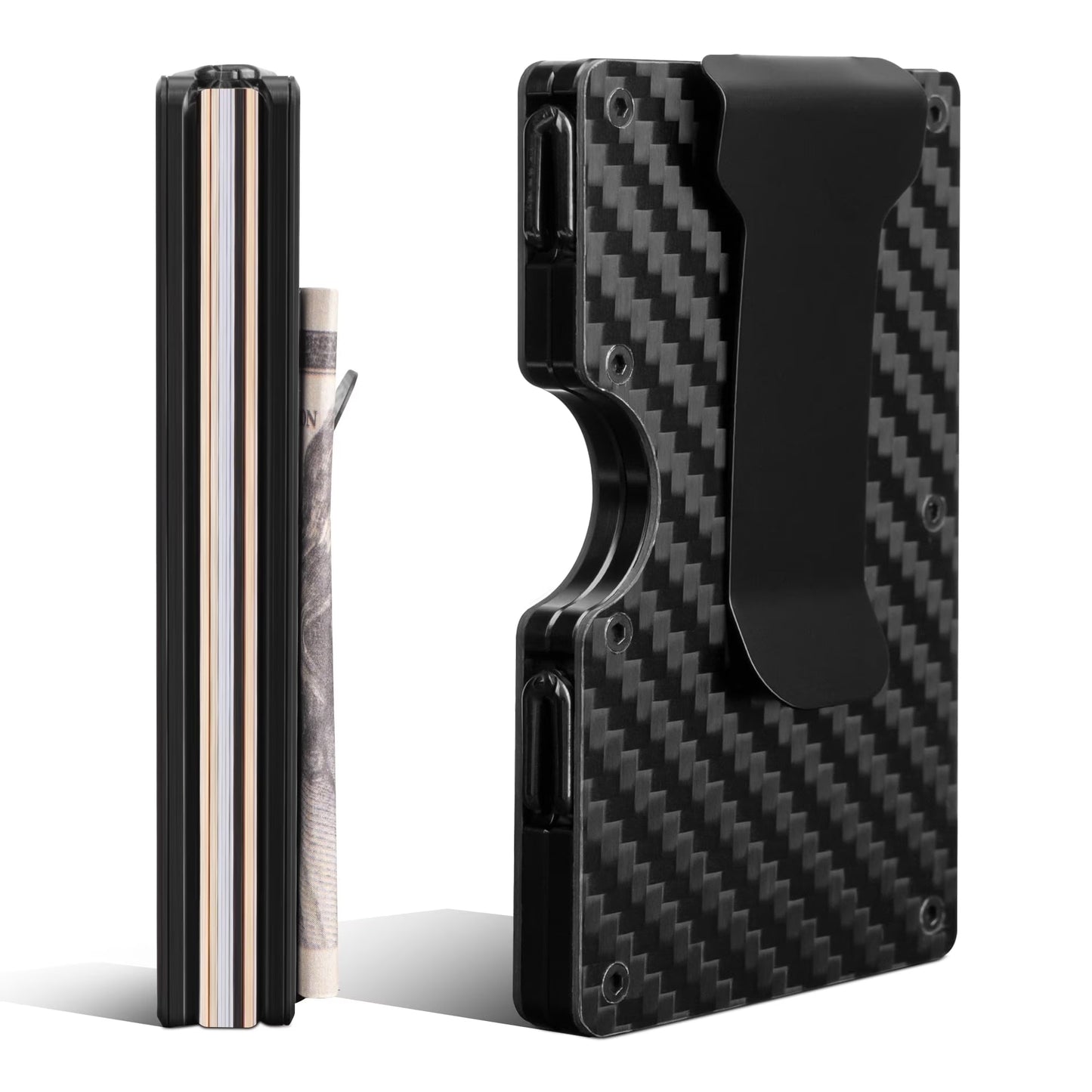 Slim Wallet for Men - RFID Blocking Carbon Fiber Money Clip & Cash Strap - Minimalist Front Pocket Wallet Credit Card Holder for Him - 14 Cards