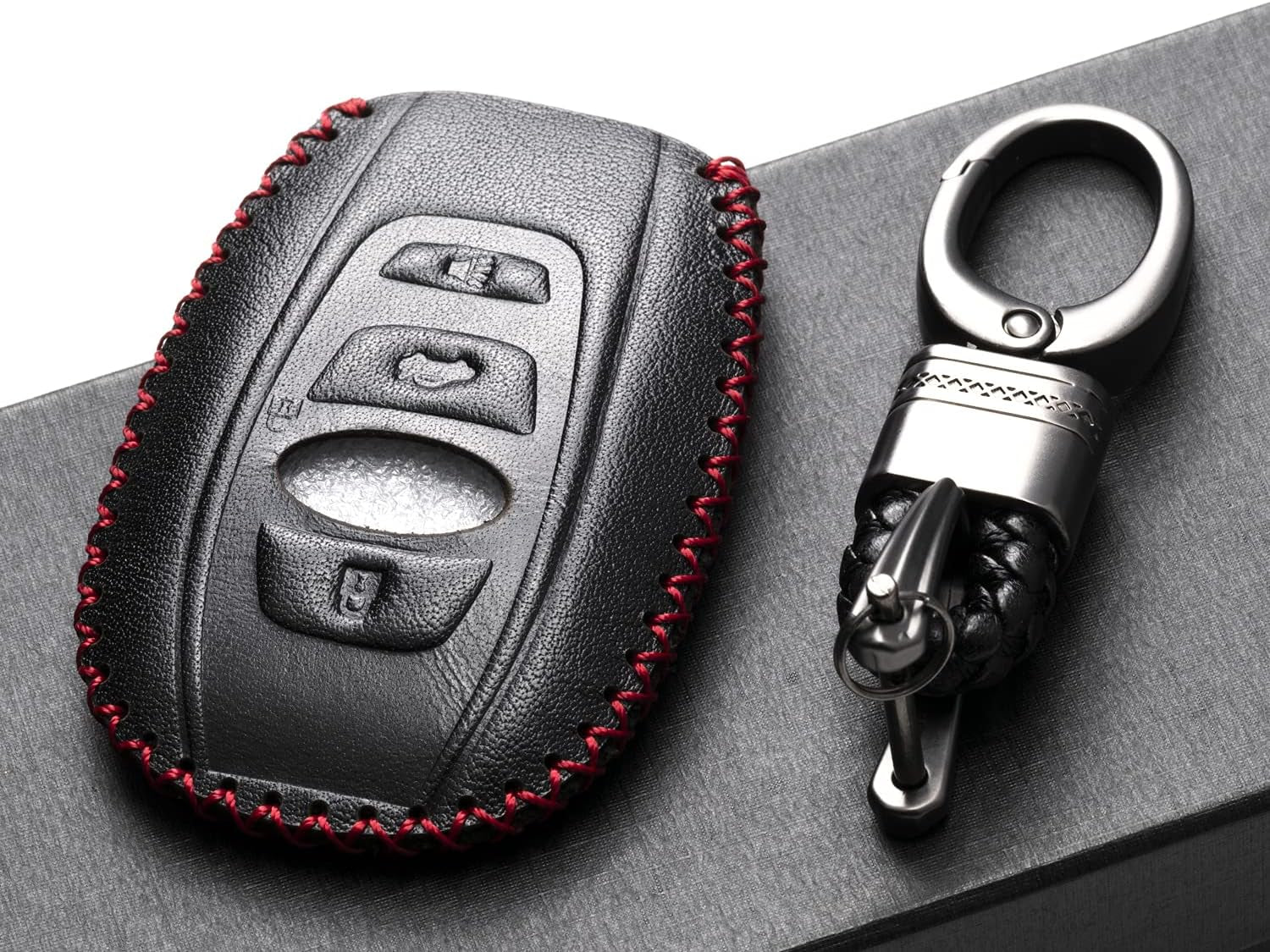 Leather Smart Key Fob Case Cover Compatible with Subaru Forester, Impreza, Outback, WRX, BRZ, XV Crosstrek, Ascent, Solterra (2014 - 2026 Models) - 4 Buttons, Black/Red