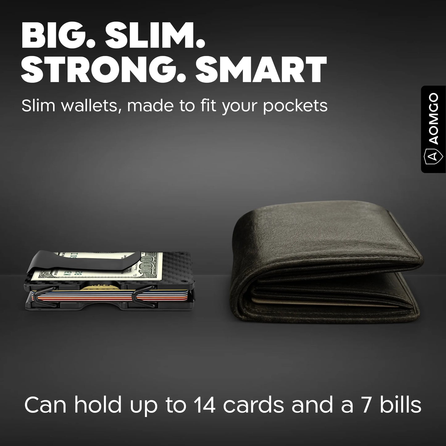Slim Wallet for Men - RFID Blocking Carbon Fiber Money Clip & Cash Strap - Minimalist Front Pocket Wallet Credit Card Holder for Him - 14 Cards