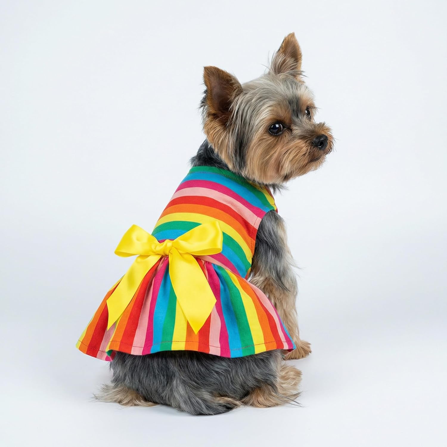 Rainbow Striped Dog Dress, Summer Dog Clothes for Small Dogs Girl, Pet Cat Outfit, 100% Breathable Cotton, Red Yellow Blue, Small