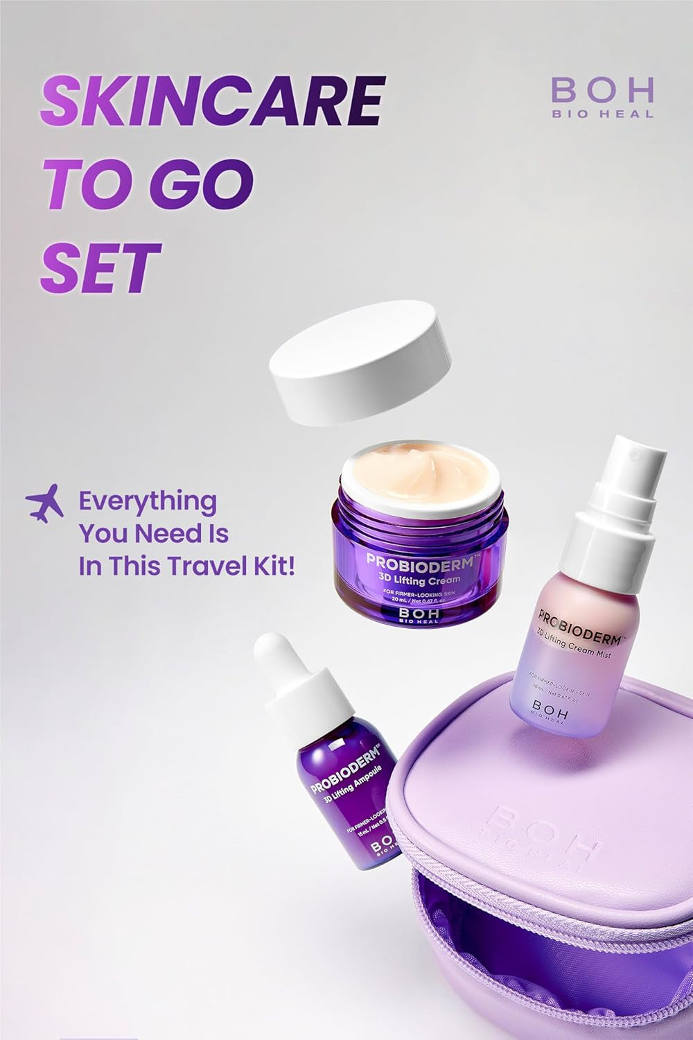 Probioderm 3D Lifting Travel Size Skin Care Kit | Korean Skincare Set for Firming & Hydration, with Ampoule, Face Moisturizer & Serum Spray | Mini Travel Essentials & Gift Set for Women