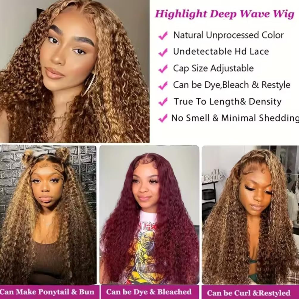 Highlight Honey Blonde Deep Wave Lace Front Wig 13×6 Ombre P4/27 Highlight Colored Lace Front Wigs Human Hair Pre Plucked Bleached Knots 200% Density (13X6 Honey Deep, 20 Inch)