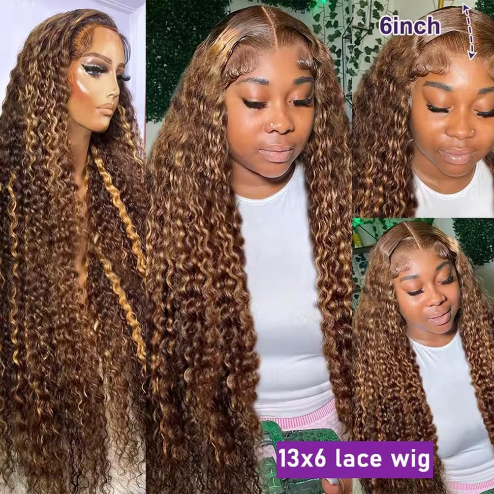 Highlight Honey Blonde Deep Wave Lace Front Wig 13×6 Ombre P4/27 Highlight Colored Lace Front Wigs Human Hair Pre Plucked Bleached Knots 200% Density (13X6 Honey Deep, 20 Inch)