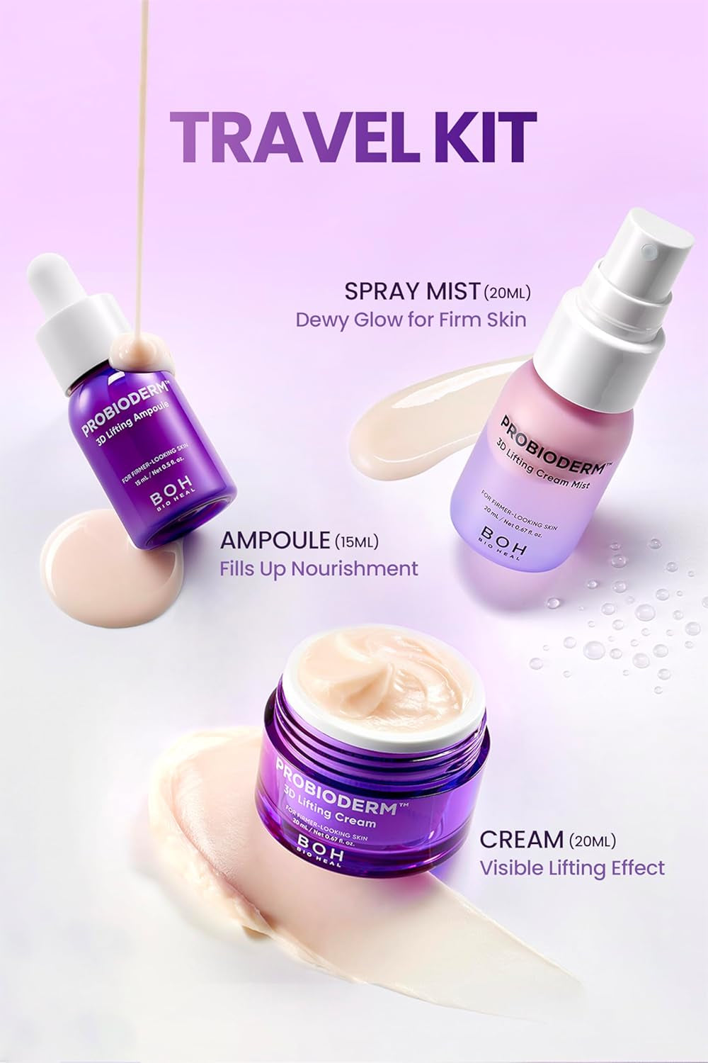Probioderm 3D Lifting Travel Size Skin Care Kit | Korean Skincare Set for Firming & Hydration, with Ampoule, Face Moisturizer & Serum Spray | Mini Travel Essentials & Gift Set for Women