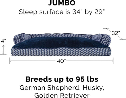 Pillow Dog Bed for Large Dogs W/ Removable Bolsters & Washable Cover - Plush & Woven Decor Comfy Couch Sofa - Diamond Blue, Jumbo/Xl