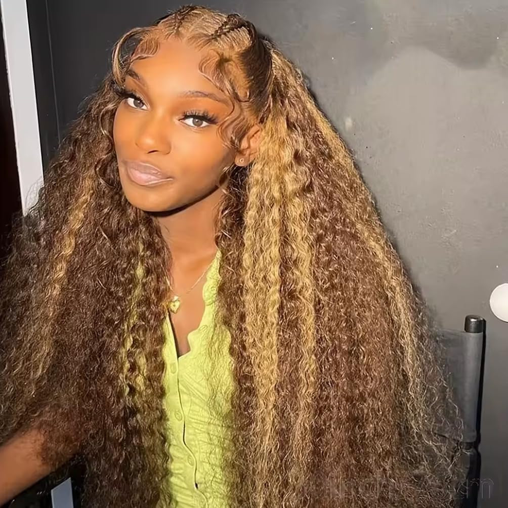 Highlight Honey Blonde Deep Wave Lace Front Wig 13×6 Ombre P4/27 Highlight Colored Lace Front Wigs Human Hair Pre Plucked Bleached Knots 200% Density (13X6 Honey Deep, 20 Inch)