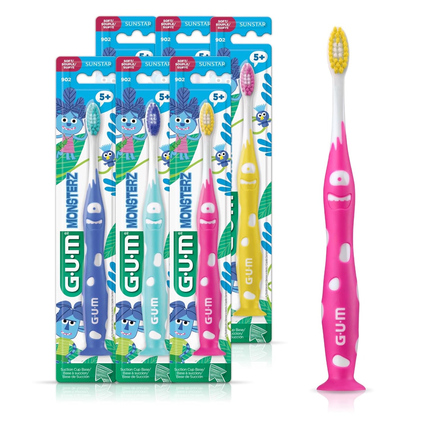 Monsterz Jr Kids Toothbrush, Soft Bristles with Suction Cup Base, Ages 5+, 1 Count (Pack of 6)