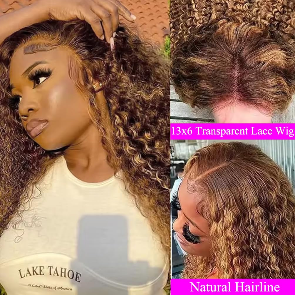 Highlight Honey Blonde Deep Wave Lace Front Wig 13×6 Ombre P4/27 Highlight Colored Lace Front Wigs Human Hair Pre Plucked Bleached Knots 200% Density (13X6 Honey Deep, 20 Inch)