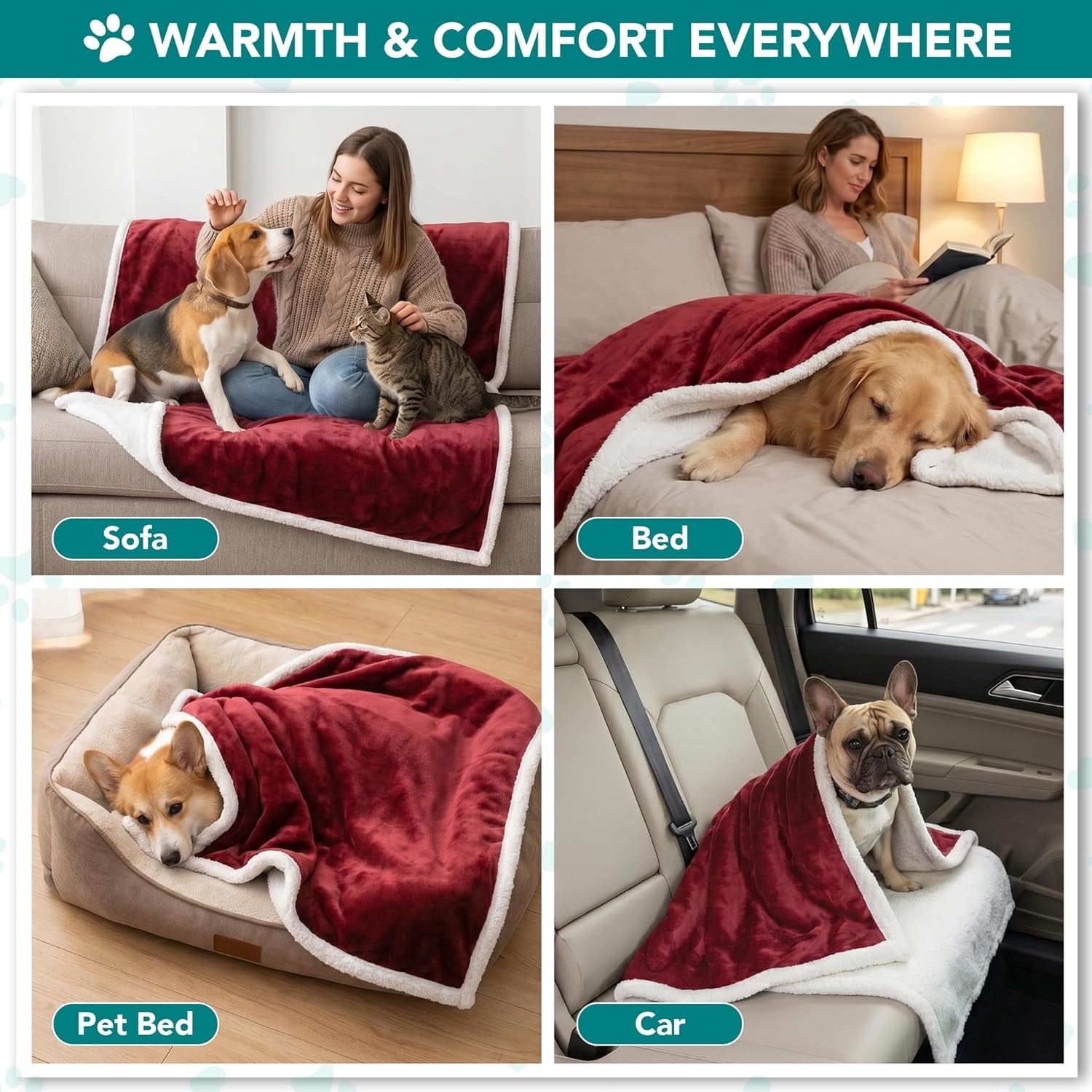 Dog Blanket for Small Medium Dogs, Pet Bed Blanket Cat Puppy Kitten, Fleece Furniture Couch Cover Protector Sofa Car, Soft Sherpa Dog Throw Plush Reversible Washable, Mini 29X40 Maroon Red