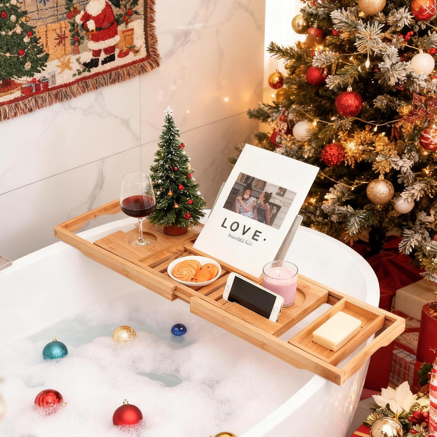 Bamboo Bathtub Caddy Tray Bath Tray for Tub, Adjustable Bathroom Bathtub Organizer with Book Tablet Wine Glass Cup Towel Holder