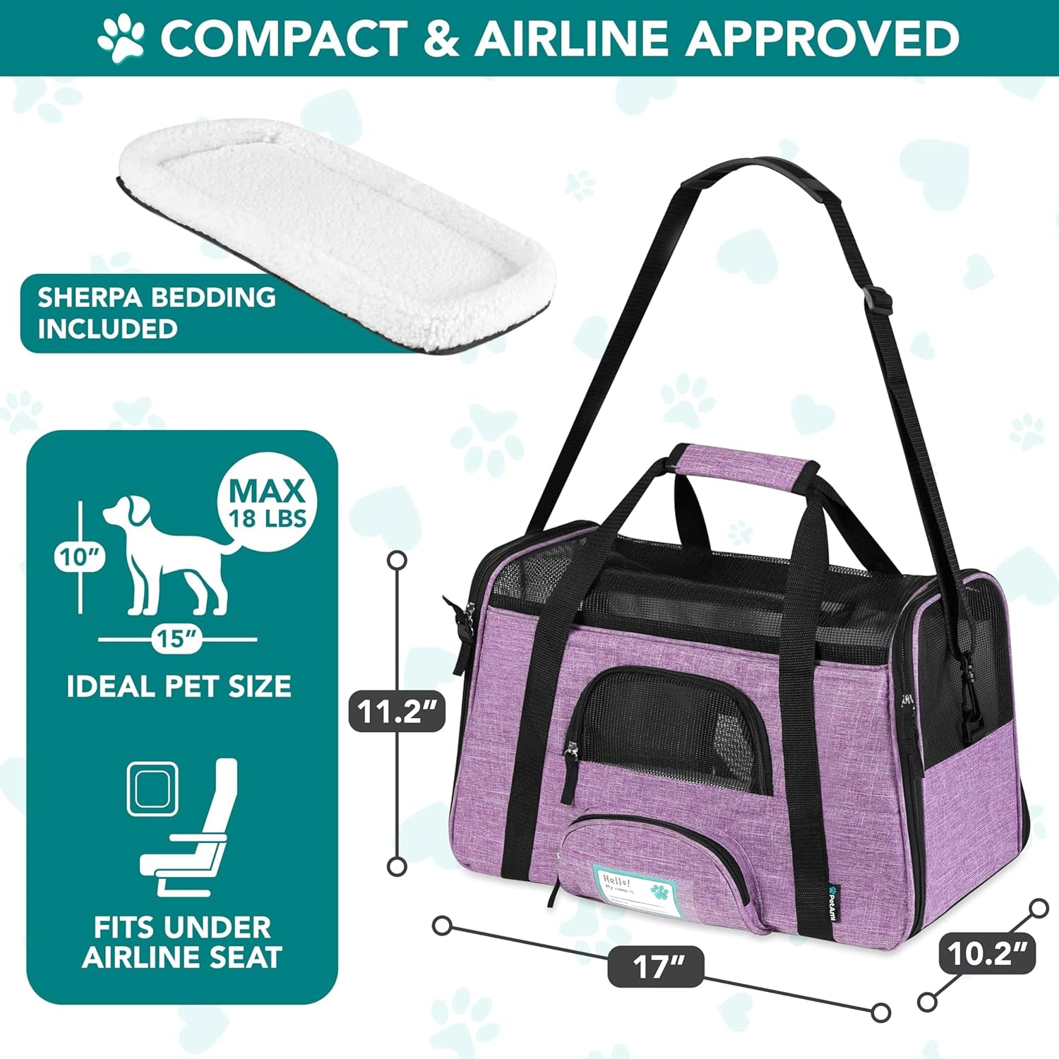 Airline Approved Pet Carrier for Cats & Small Dogs, Soft Sided TSA Travel Carrier Bag with Sherpa Bed, Breathable Mesh Ventilation, Collapsible Bowl, up to 18 Lbs, Small Heather Purple
