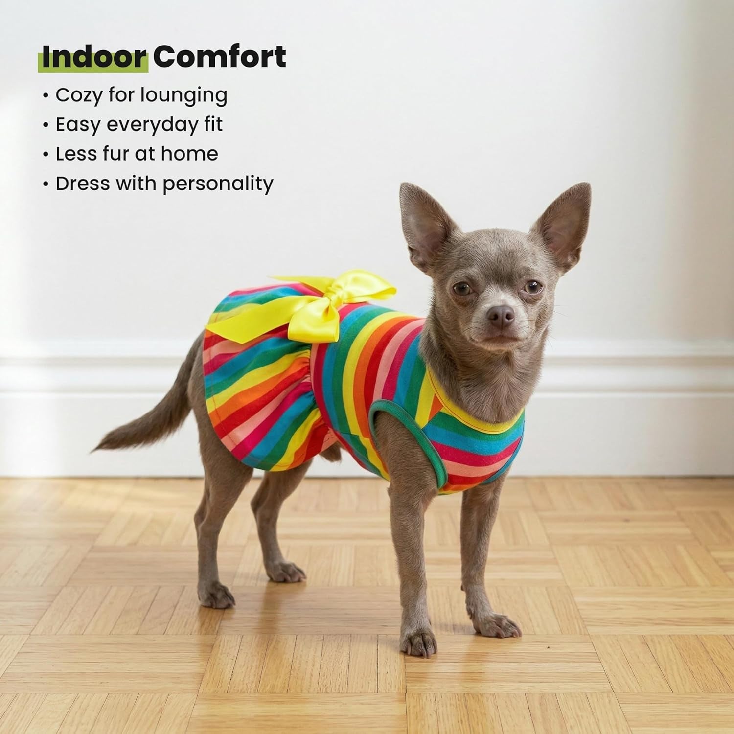 Rainbow Striped Dog Dress, Summer Dog Clothes for Small Dogs Girl, Pet Cat Outfit, 100% Breathable Cotton, Red Yellow Blue, Small