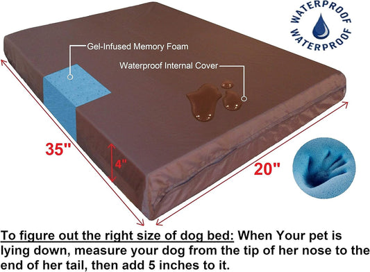 Orthopedic Small Medium Cool Memory Foam Pet Dog Bed, Waterproof Liner with Khaki Microsuede Cover and Extra External Case 35X20X4 Inch