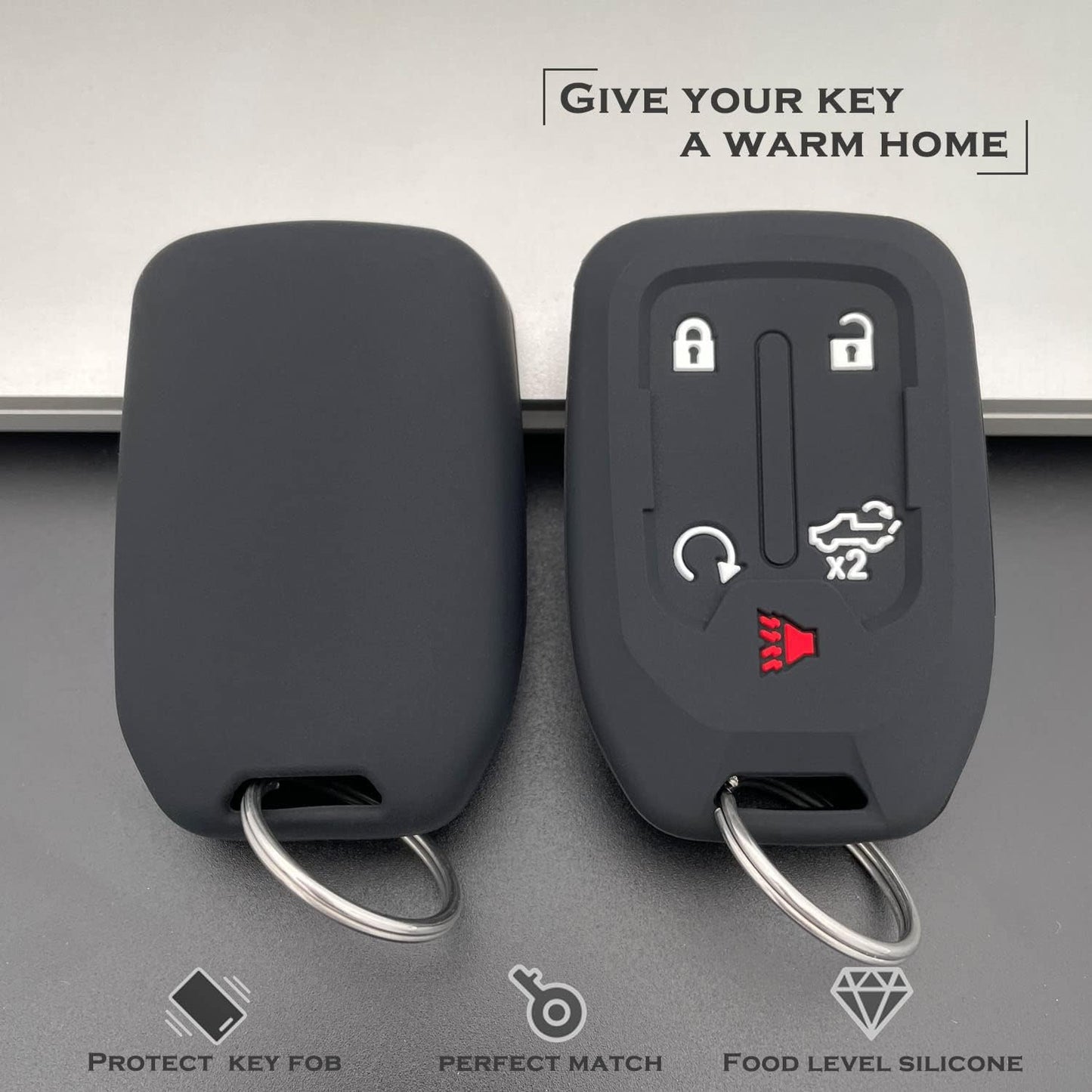 2PCS Silicone Smart Key Fob Case Cover for 2023 2022 2021 2020 2019 Chevy Silverado and GMC Sierra 1500 2500HD 3500HD, Remote Protector Accessories Holder(Key Ring,Black and Black)