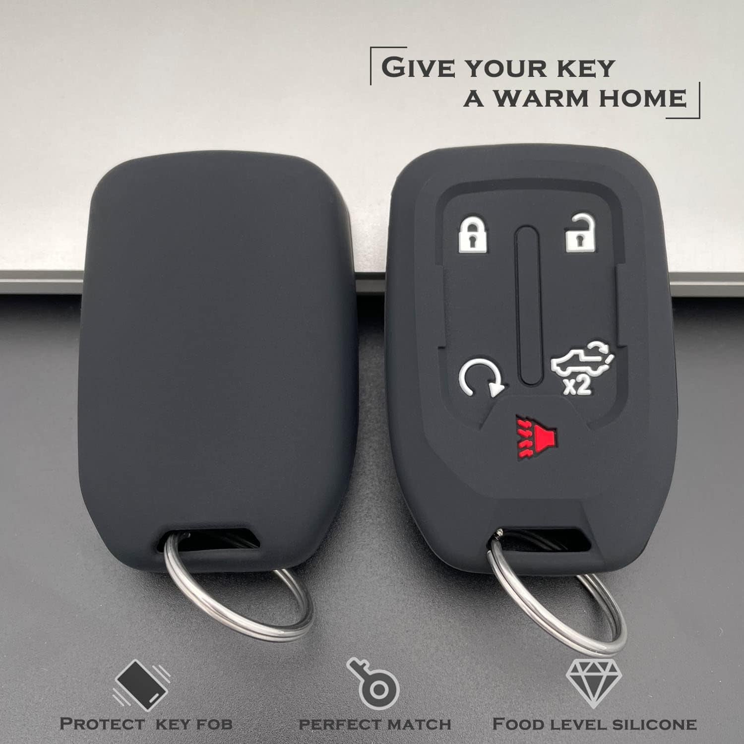 2PCS Silicone Smart Key Fob Case Cover for 2023 2022 2021 2020 2019 Chevy Silverado and GMC Sierra 1500 2500HD 3500HD, Remote Protector Accessories Holder(Key Ring,Black and Black)