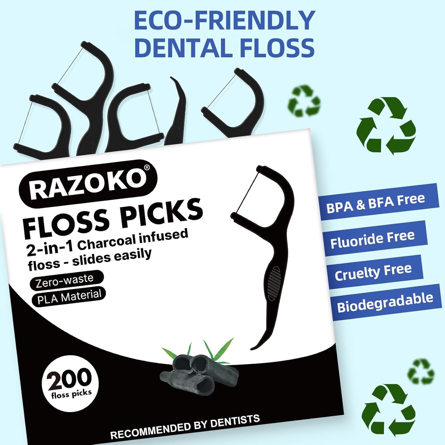 Natural Dental Floss Picks High Toughness Charcoal Toothpicks Sticks-Vegan,Eco-Friendly Sustainable Flossers for Teeth Cleaning (200 Count)