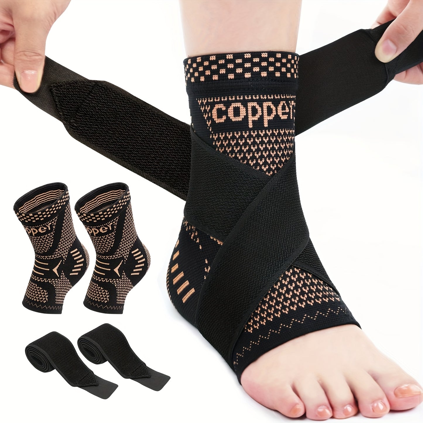 2pcs Copper Ankle Support Braces – Adjustable Compression Foot & Ankle Brace for Sports, Fitness, Injury Recovery, and Pain Relief