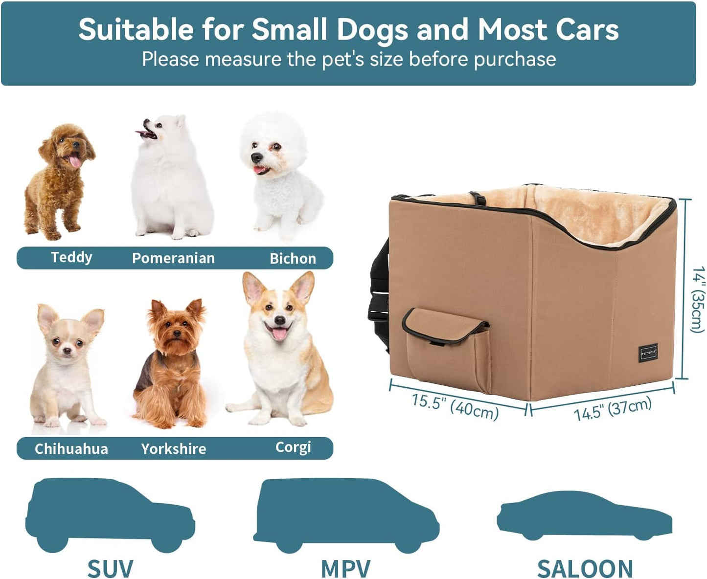Dog Booster Seat, Washable Pet Car Booster Bucket Seat with Portable Carrying Case for Puppy, Cats, Small Dogs (Small, Tan)