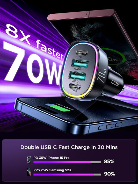 Car Charger USB C, 4 Port 70W Super Fast Charging for Iphone 17 Car Adapter, Dual PD 35W Type C & QC 3.0 USB a Multiport Car Cigarette Lighter Accessories for Iphone 16 15 14 13 12, Ipad, Galaxy S26