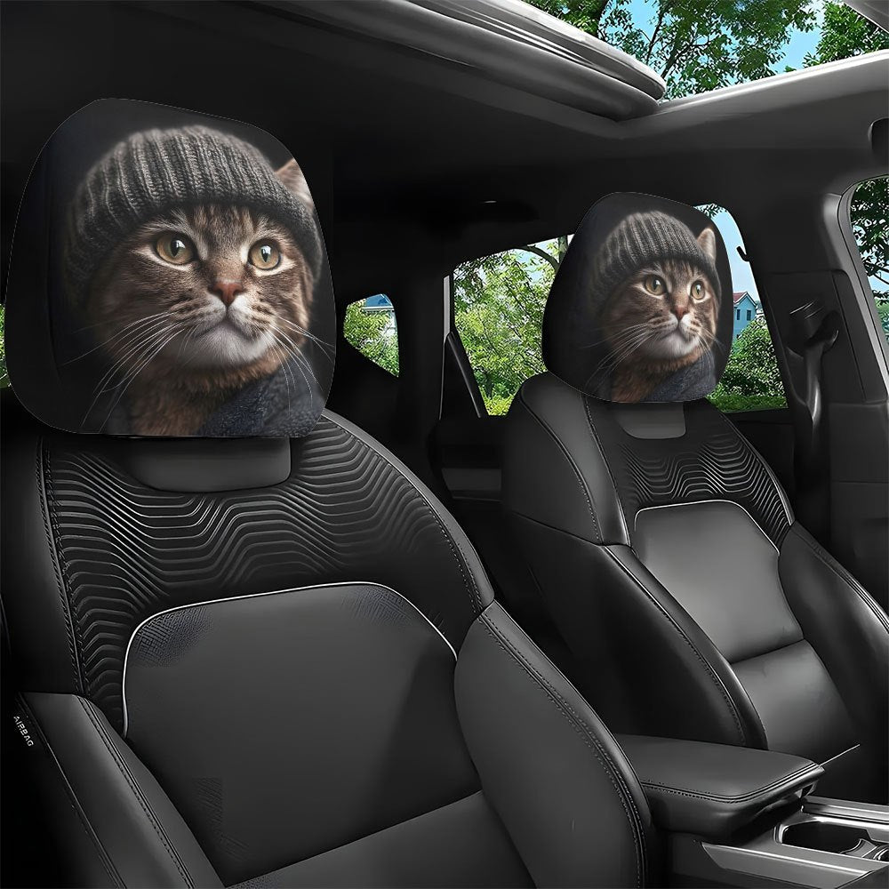 2pcs, Knit Cat Print Car Headrest Covers, Universal Fit Stylish Seat Protectors for Long Road Trips, Business Trips, Date Nights, and Car Decorations to Enhance Driving, Car Seat Covers, Headrest Car Cover, Car Seat Protectors, Driving Comfort