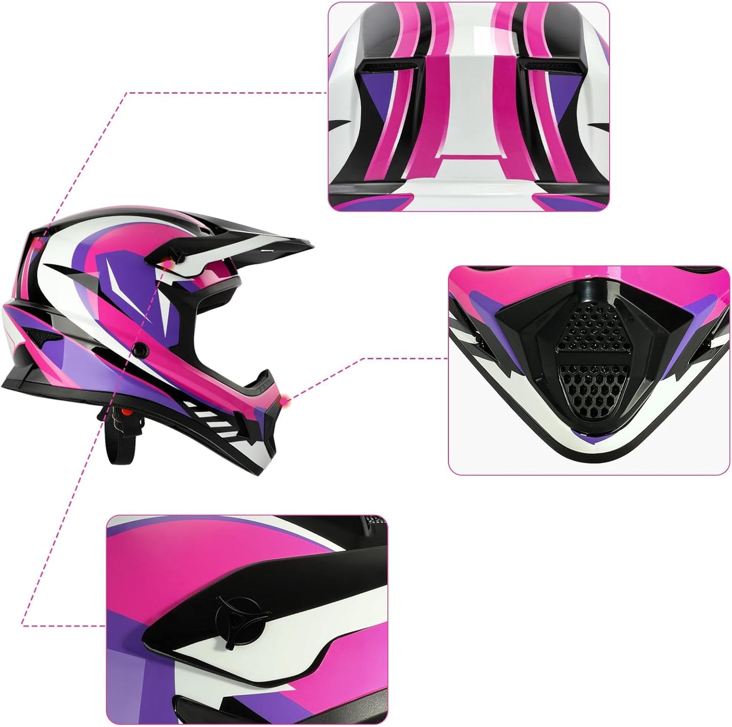 Dot Youth & Kids Motocross Offroad Street Helmet Full Face Motorcycle Youth ATV Helmet Dirt Bike Motocross ATV Helmet+Gloves+Goggles Rose Red-S