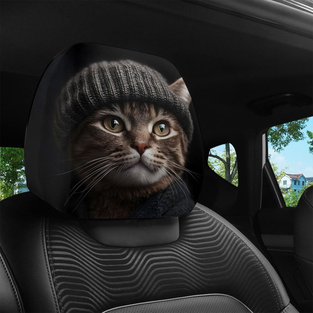 2pcs, Knit Cat Print Car Headrest Covers, Universal Fit Stylish Seat Protectors for Long Road Trips, Business Trips, Date Nights, and Car Decorations to Enhance Driving, Car Seat Covers, Headrest Car Cover, Car Seat Protectors, Driving Comfort
