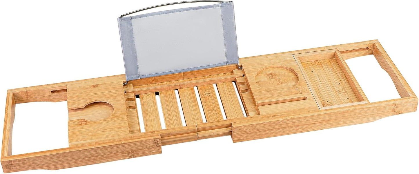 Bamboo Bathtub Caddy Tray Bath Tray for Tub, Adjustable Bathroom Bathtub Organizer with Book Tablet Wine Glass Cup Towel Holder
