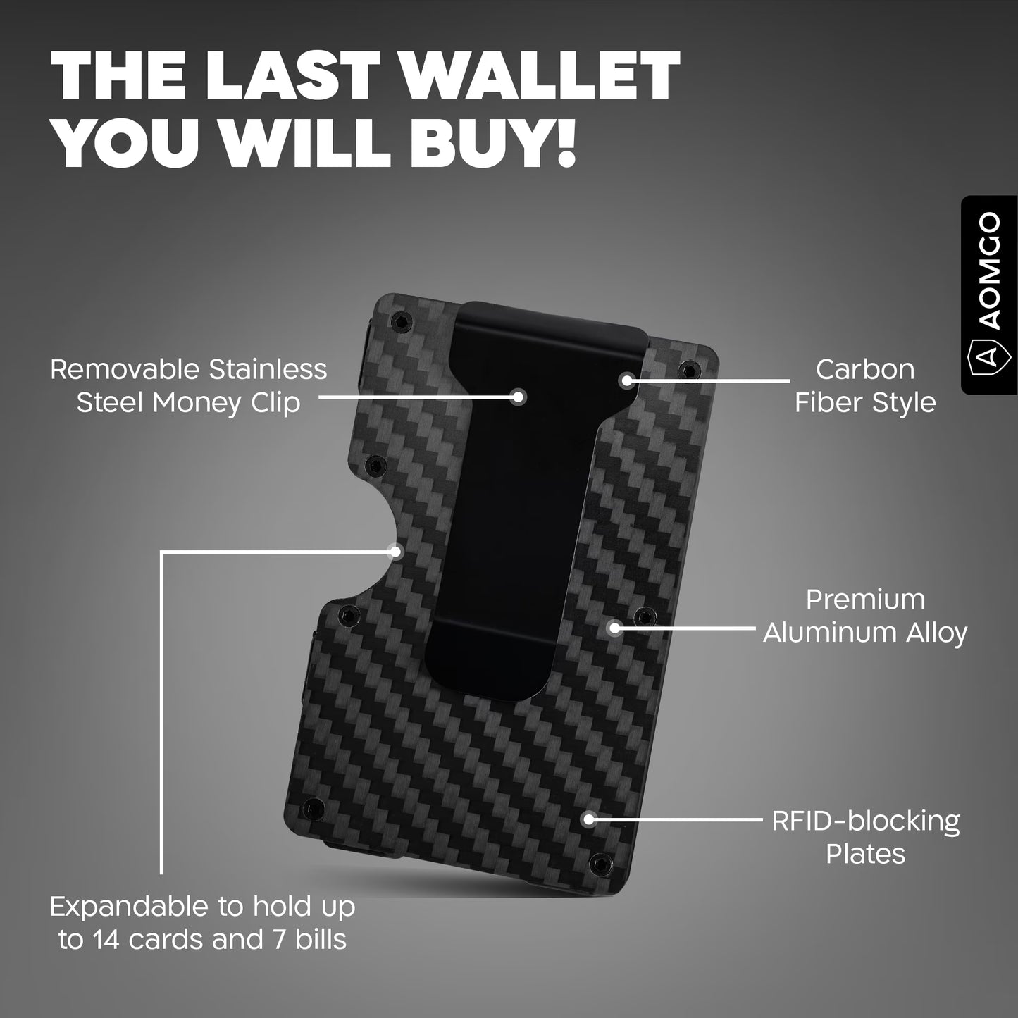 Slim Wallet for Men - RFID Blocking Carbon Fiber Money Clip & Cash Strap - Minimalist Front Pocket Wallet Credit Card Holder for Him - 14 Cards