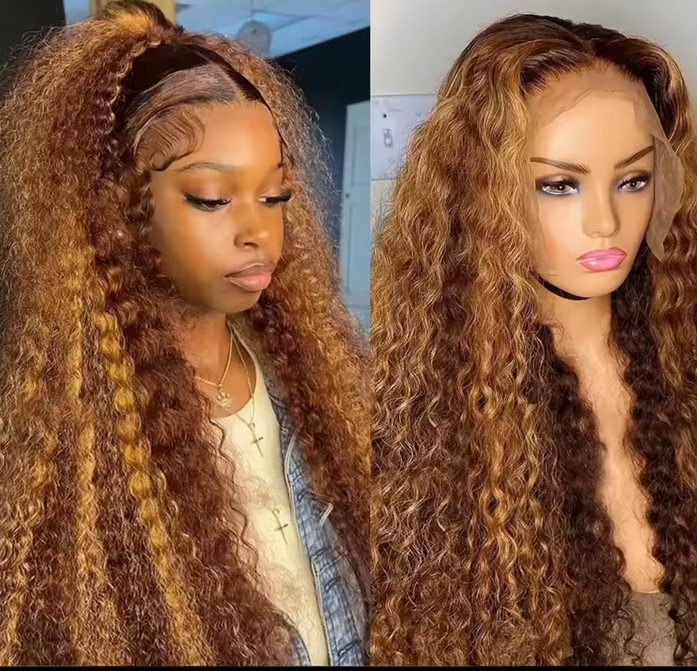 Highlight Honey Blonde Deep Wave Lace Front Wig 13×6 Ombre P4/27 Highlight Colored Lace Front Wigs Human Hair Pre Plucked Bleached Knots 200% Density (13X6 Honey Deep, 20 Inch)