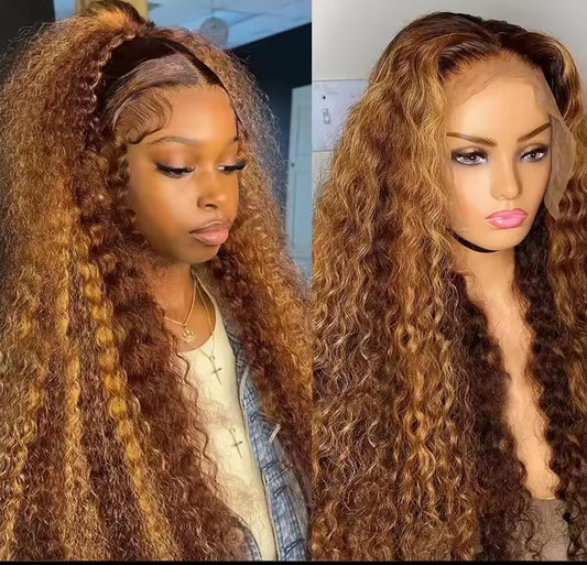 Highlight Honey Blonde Deep Wave Lace Front Wig 13×6 Ombre P4/27 Highlight Colored Lace Front Wigs Human Hair Pre Plucked Bleached Knots 200% Density (13X6 Honey Deep, 20 Inch)