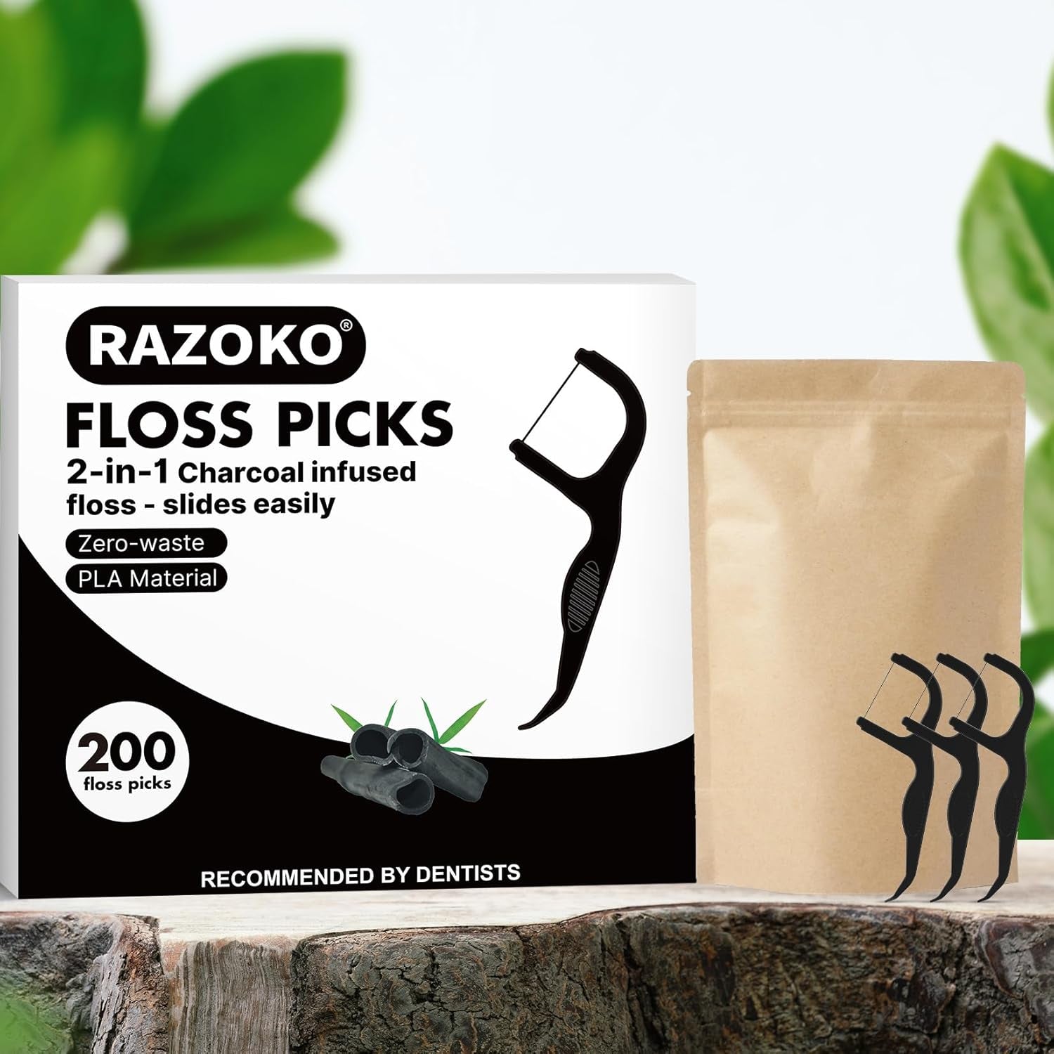 Natural Dental Floss Picks High Toughness Charcoal Toothpicks Sticks-Vegan,Eco-Friendly Sustainable Flossers for Teeth Cleaning (200 Count)